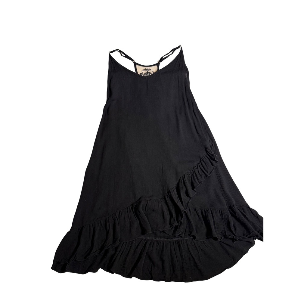 Black High Low Ruffle Mini Dress with Tattoo Back Embroidery Small